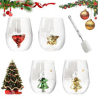 anwhist Yuletide Stemless Wine Glass 3D Wine Glass Cup with Christmas Tree Christmas Stemless Wine Glass Wine Glass Christmas Tree Green Glitter for Home Bar Christmas Party Juice Glass(4PCS)