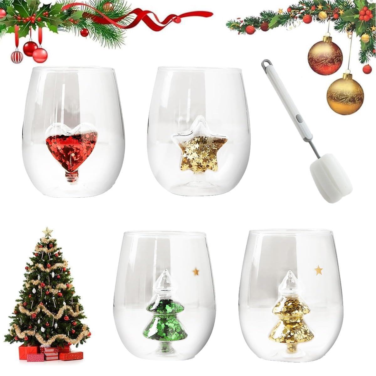 anwhist Yuletide Stemless Wine Glass 3D Wine Glass Cup with Christmas Tree Christmas Stemless Wine Glass Wine Glass Christmas Tree Green Glitter for Home Bar Christmas Party Juice Glass(4PCS)